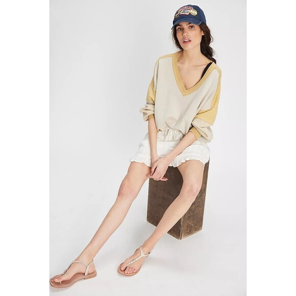 Free people We The Free First Base V-Neck Sweatshirt Top Ribbed Cotton S 283686 - Picture 1 of 9